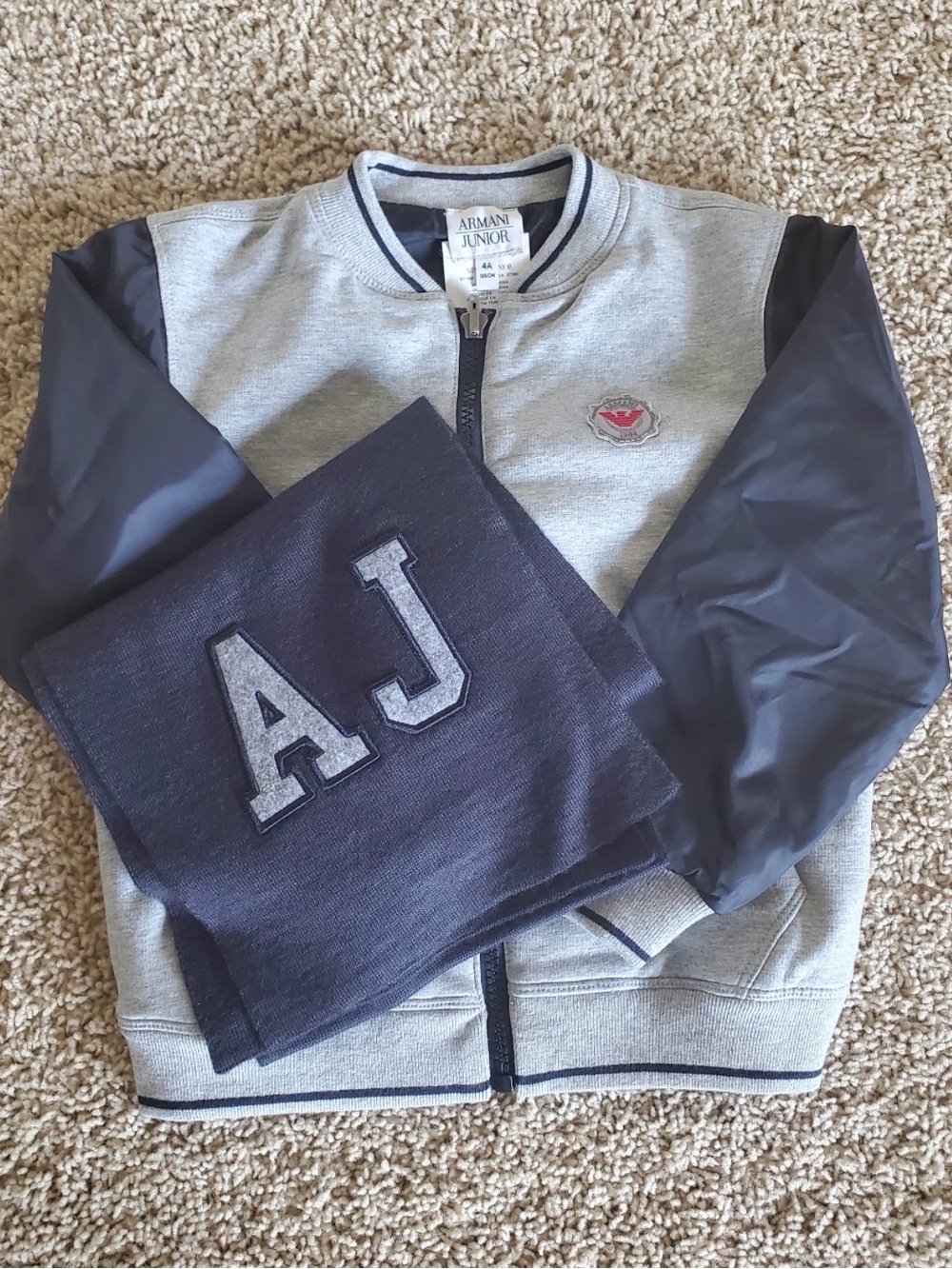 Armani Junior Grey Body with Navy Sleeve Bomber Jacket